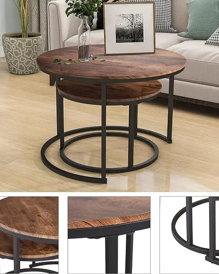Industrial Round Coffee Table Set of 2 End Table for Living Room,Stacking Side Tables, Sturdy and Easy Assembly,Wood Look Accent Furniture with Metal Frame,Black+Rustic Brown - LeafyLoom