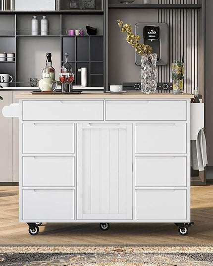 Kitchen Island on Lockable Wheels, Mobile Kitchens Cart with Rubber Wood Countertop, w/Drawer and Storage Cabinet for Dining Room, Bar - LeafyLoom