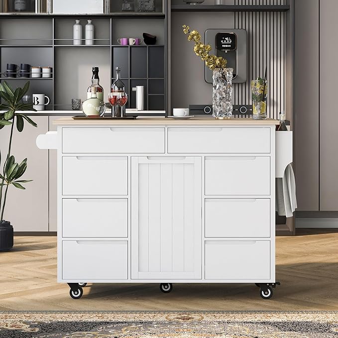 Kitchen Island on Lockable Wheels, Mobile Kitchens Cart with Rubber Wood Countertop, w/Drawer and Storage Cabinet for Dining Room, Bar - LeafyLoom