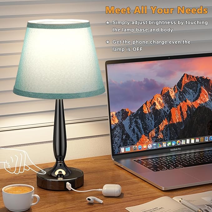 Touch Bedside Lamp for Bedroom with USB C Port, Small Touch Table Lamp with 2 USB Charging Ports, 3 Way Dimmable Nightstand Lamp for Living Room and Office - Turquoise Blue (LED Bulb Included) - LeafyLoom