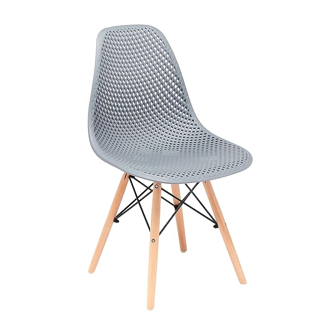 CangLong Dining Mid Century Modern Hollow Back Design Plastic Shell Armless Side Chair with Beech Wood Legs, Set of 1, Grey - LeafyLoom