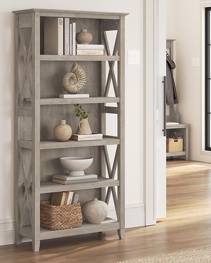 Bush Furniture Key West Tall 5 Shelf Bookcase in Washed Gray - LeafyLoom