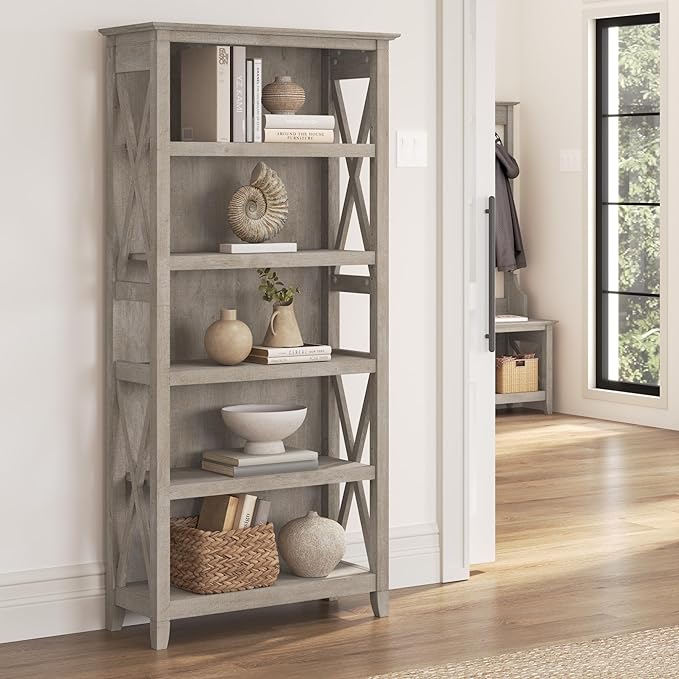 Bush Furniture Key West Tall 5 Shelf Bookcase in Washed Gray - LeafyLoom