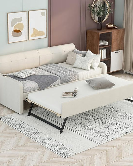 Upholstered Daybed with Pop Up Trundle, Twin Size Daybed with Trundle and USB Charging Ports, for Living Room Bedroom Guest Room, Beige - LeafyLoom