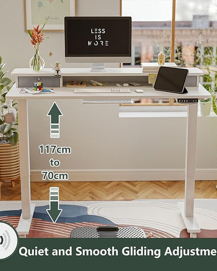 FEZIBO 60 x 24 Inch Height Adjustable Electric Standing Desk with Double Drawer, Stand Up Desk with Storage Shelf, Sit Stand Desk, White - LeafyLoom