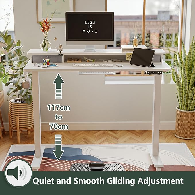 FEZIBO 60 x 24 Inch Height Adjustable Electric Standing Desk with Double Drawer, Stand Up Desk with Storage Shelf, Sit Stand Desk, White - LeafyLoom