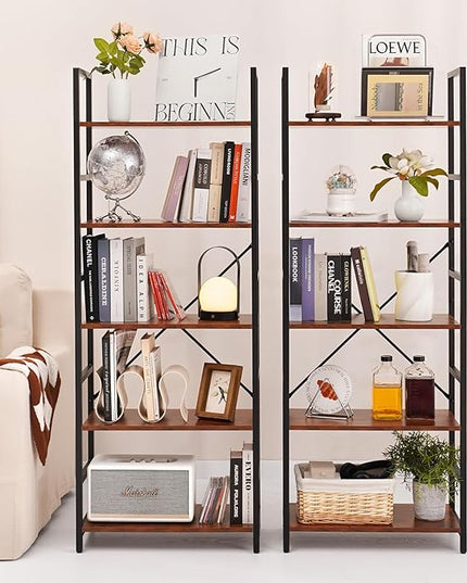 Yoobure 5 Tier Bookshelf - Tall Book Shelf Modern Bookcase for CDs/Movies/Books, Rustic Book Case Industrial Bookshelves Book Storage Organizer for Bedroom Home Office Living Room Brown - LeafyLoom