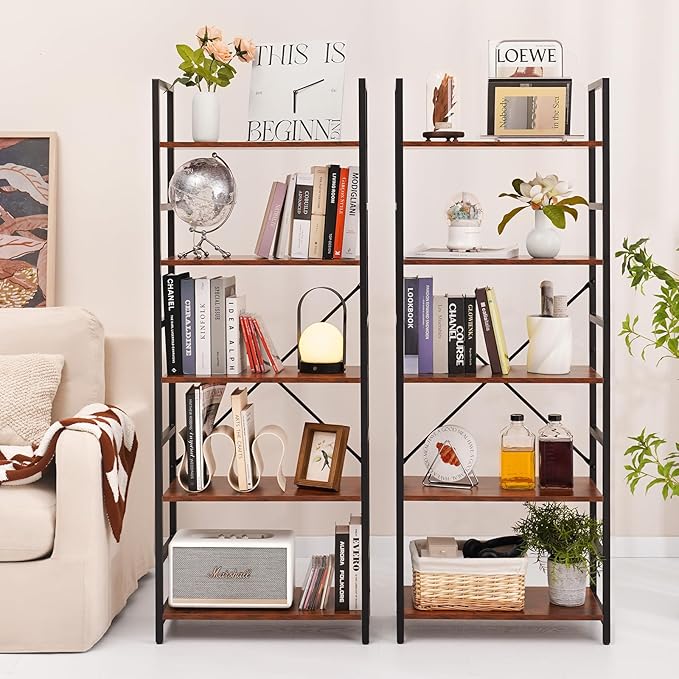 Yoobure 5 Tier Bookshelf - Tall Book Shelf Modern Bookcase for CDs/Movies/Books, Rustic Book Case Industrial Bookshelves Book Storage Organizer for Bedroom Home Office Living Room Brown - LeafyLoom