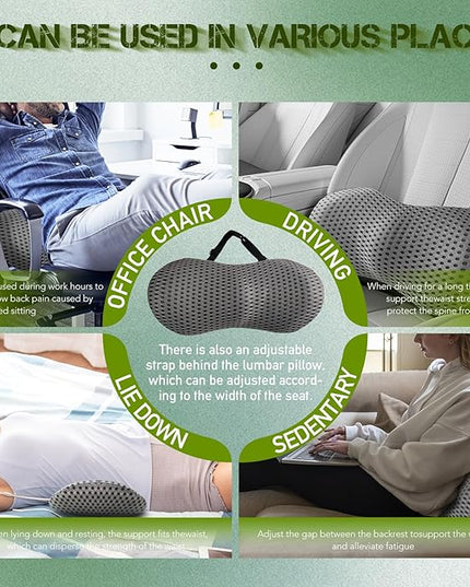 Lumbar Support Pillow - Memory Foam for Low Back Pain Relief, Ergonomic Streamline Car Seat, Office Chair, Recliner and Bed (Upgrade Gray) - LeafyLoom