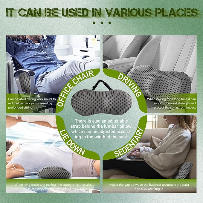 Lumbar Support Pillow - Memory Foam for Low Back Pain Relief, Ergonomic Streamline Car Seat, Office Chair, Recliner and Bed (Upgrade Gray) - LeafyLoom