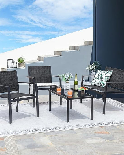 Greesum 4 Pieces Patio Furniture Set Outdoor Conversation Textilene Fabric Chairs for Lawn, Garden, Balcony, Poolside with A Glass Coffee Table, Black - LeafyLoom