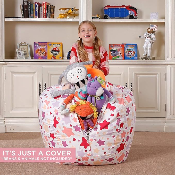 Aubliss Stuffed Animal Bean Bag Storage Chair, Beanbag Covers Only for Organizing Plush Toys, Turns into Bean Bag Seat for Kids When Filled, Medium 32"-Canvas Pattern Sparkling Star - LeafyLoom