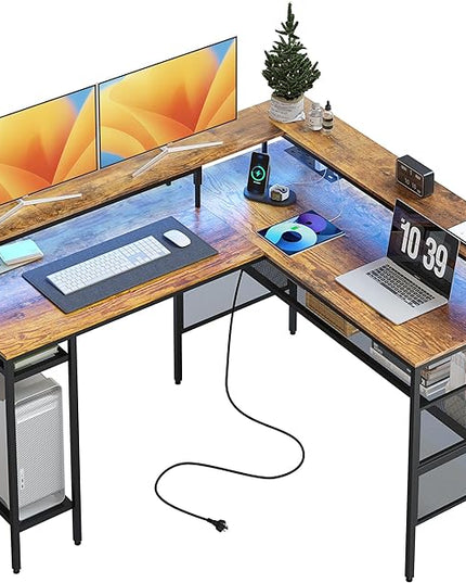 L Shaped Gaming Desk with Power Outlets & LED Lights, Computer Desk with Monitor Stand & Storage Shelves, Home Office L Shaped Desk Corner Gaming Desk, Brown - LeafyLoom