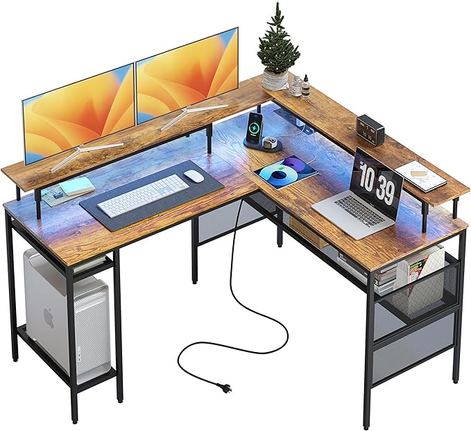 L Shaped Gaming Desk with Power Outlets & LED Lights, Computer Desk with Monitor Stand & Storage Shelves, Home Office L Shaped Desk Corner Gaming Desk, Brown - LeafyLoom