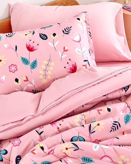 SLEEP ZONE Kids Bedding Comforter Set Full/Queen Size - Super Cute & Soft Kids Bedding 7 Pieces Set with Comforter, Sheet, Pillowcase & Sham (Pink Flower) - LeafyLoom