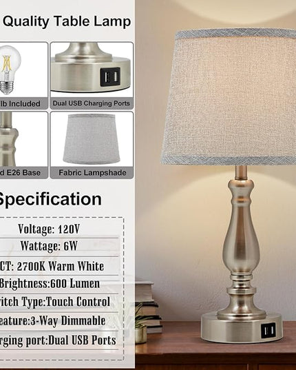 Nightstand Table Lamps for Bedroom Set of 2, Touch Bedside Lamps with Dual USB Ports, 3 Way Dimmable Bedroom Lamps for End Tables, Modern Night Stand Lamps for Living Room Guest Room - LeafyLoom