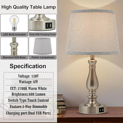 Nightstand Table Lamps for Bedroom Set of 2, Touch Bedside Lamps with Dual USB Ports, 3 Way Dimmable Bedroom Lamps for End Tables, Modern Night Stand Lamps for Living Room Guest Room - LeafyLoom