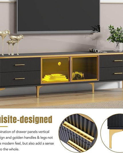 Merax Stylish LED TV Stand for Televisions Up to 78'', Entertainment Center with Brown Glass Storage Cabinet, Marble-veined Table Top, Golden Legs & Handles for Living Room, Black - LeafyLoom