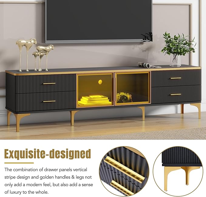 Merax Stylish LED TV Stand for Televisions Up to 78'', Entertainment Center with Brown Glass Storage Cabinet, Marble-veined Table Top, Golden Legs & Handles for Living Room, Black - LeafyLoom
