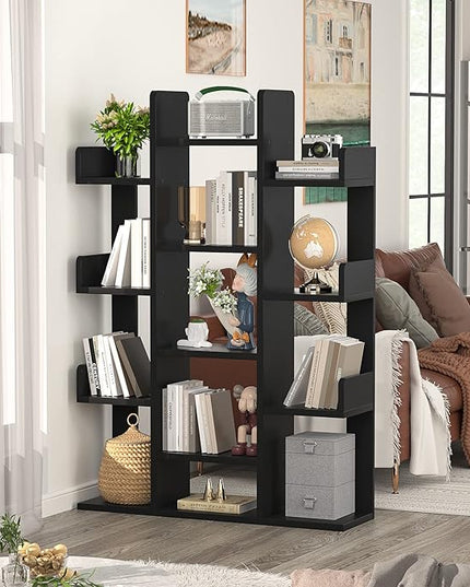 Aheaplus Bookshelf, Tree-Shaped Bookcase Storage Shelf with 13 compartments, Books Organizer Display Cube Shelves, Industrial Free Floor Standing Wood Open Bookshelves, Black - LeafyLoom
