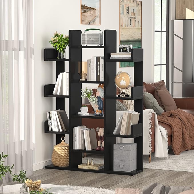 Aheaplus Bookshelf, Tree-Shaped Bookcase Storage Shelf with 13 compartments, Books Organizer Display Cube Shelves, Industrial Free Floor Standing Wood Open Bookshelves, Black - LeafyLoom