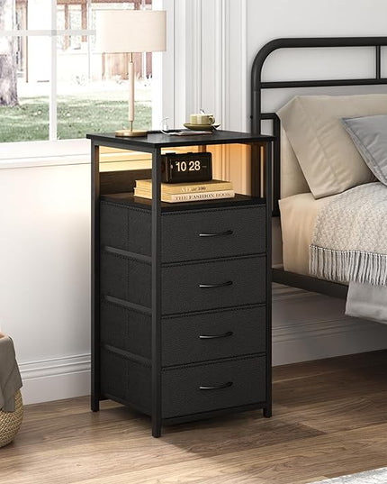 Fixwal Night Stand with Charging Station, LED Dresser for Bedroom Tall Nightstand with USB Ports and Outlets, 4 Fabric Storage Drawers with PU Finish, Bed Side Table, Black - LeafyLoom