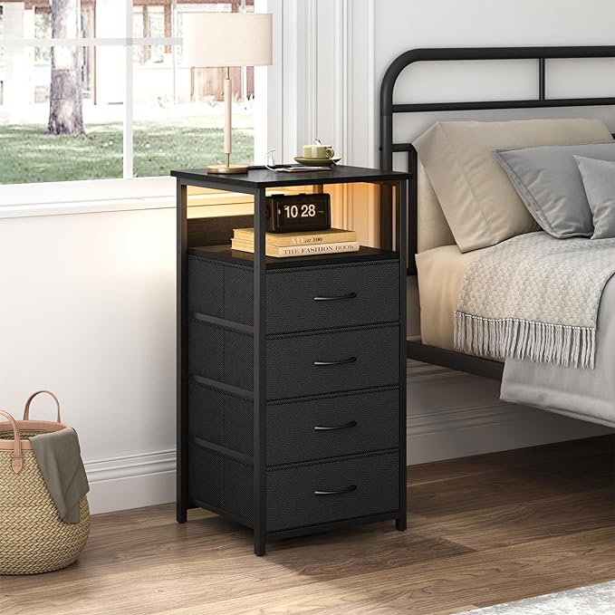 Fixwal Night Stand with Charging Station, LED Dresser for Bedroom Tall Nightstand with USB Ports and Outlets, 4 Fabric Storage Drawers with PU Finish, Bed Side Table, Black - LeafyLoom