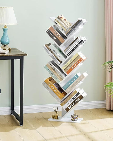 Hoctieon 10 Tier Tree Bookshelf, 10 Shelf Bookcase, Free Standing Tree Bookcase, Display Floor Standing Shelf for Books, Book Shelf Organizer, White - LeafyLoom