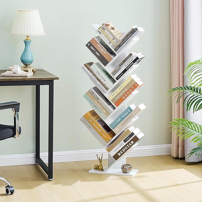 Hoctieon 10 Tier Tree Bookshelf, 10 Shelf Bookcase, Free Standing Tree Bookcase, Display Floor Standing Shelf for Books, Book Shelf Organizer, White - LeafyLoom