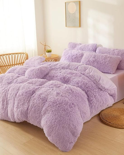 FOPPA Lilac fluffy Comforter Cover Set king- Ultra Soft fluffy lilac Bedding Sets 3 Pieces (1 Duvet Cover + 2 Pillow case) pink fluffy bed set (Lilac, King) - LeafyLoom