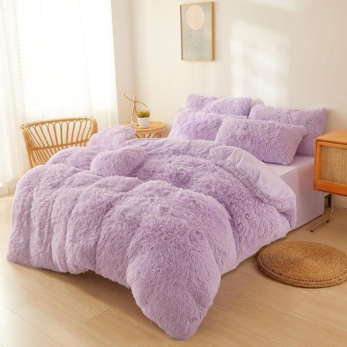Fluffy Lilac comforters Cover twin size - Ultra Soft Plush Lilac bedding Sets 2 Pieces (1 faux fur comforter Cover + 1 fuzzy pillow case) girls shaggy Lilac twin bed set (Lilac, Twin) - LeafyLoom