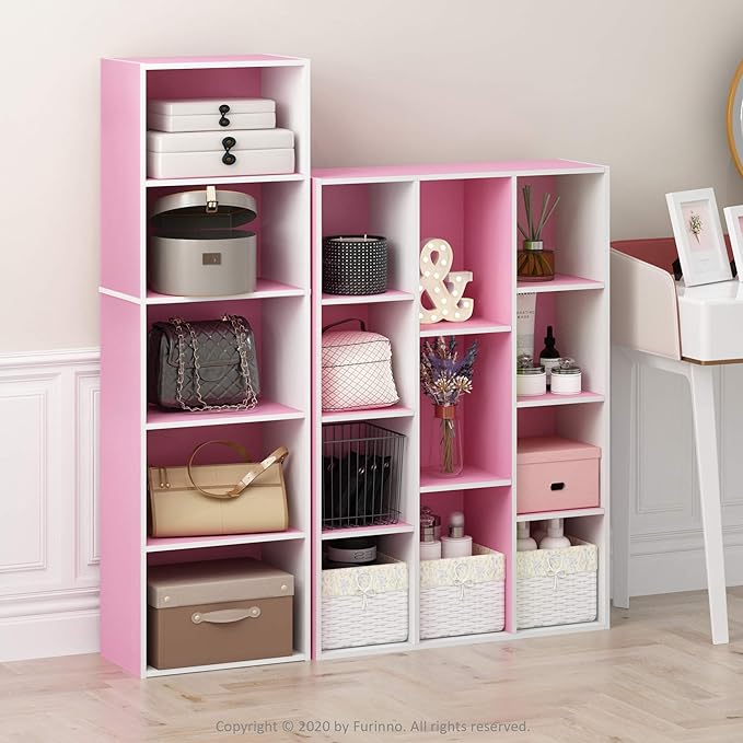 Furinno 5-Tier Reversible Color Open Shelf Bookcase , White/Pink 11055WH/PI - LeafyLoom
