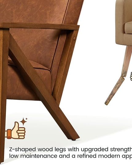 Yaheetech Accent Chair Faux Leather Armchair Lounge Chair with Wood Frame, Modern Retro Lounge Chair for Living Room/Office/Reception Area, Light Brown - LeafyLoom