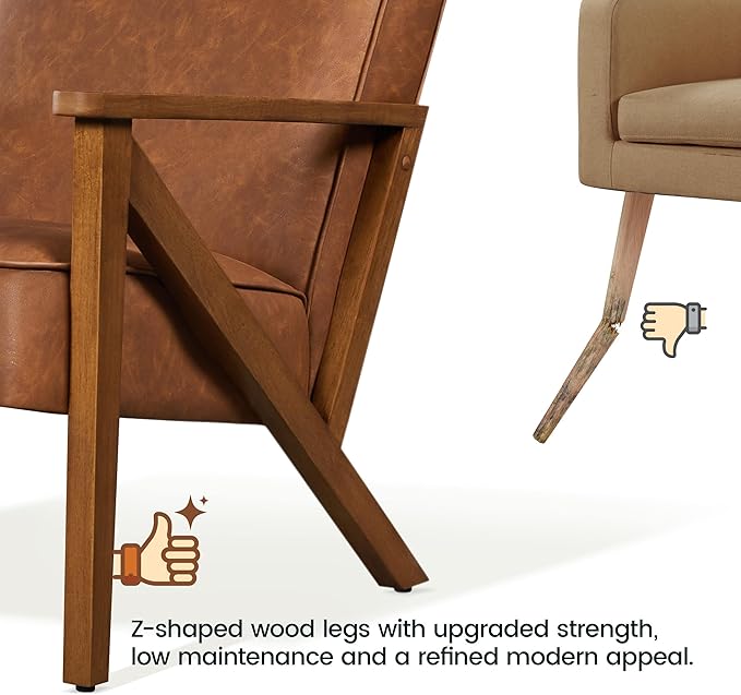 Yaheetech Accent Chair Faux Leather Armchair Lounge Chair with Wood Frame, Modern Retro Lounge Chair for Living Room/Office/Reception Area, Light Brown - LeafyLoom