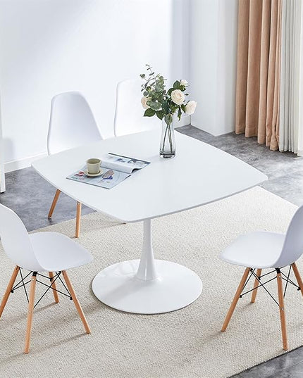 42 inch White Square Pedestal Table for 4-6 Person, Mid Century Modern Table for Kitchen Dining Room - LeafyLoom