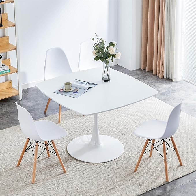 42 inch White Square Pedestal Table for 4-6 Person, Mid Century Modern Table for Kitchen Dining Room - LeafyLoom