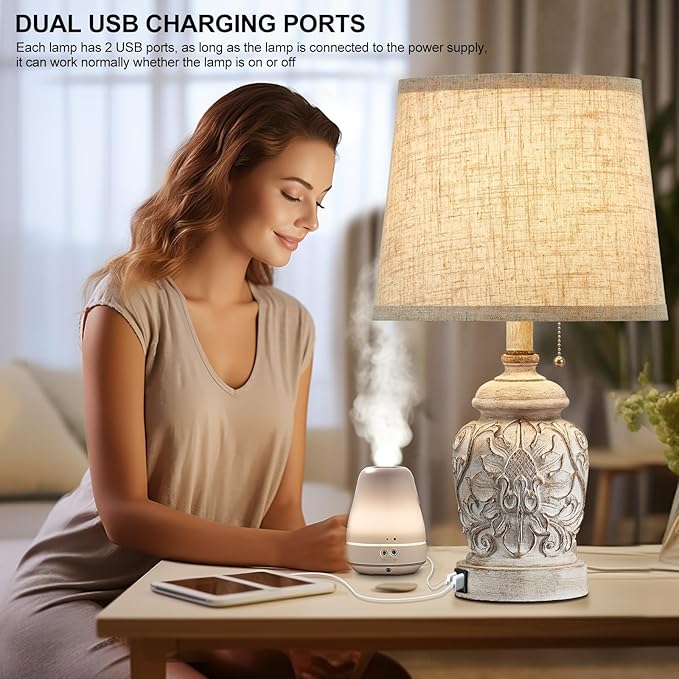 19.5" Vintage Rustic Table Lamp Set of 2 Farmhouse Table Lamps for Living Room Bedroom Decor with USB Ports Traditional Carved Floral White Bedside Night Light Lamps with Pull Chain Switch - LeafyLoom
