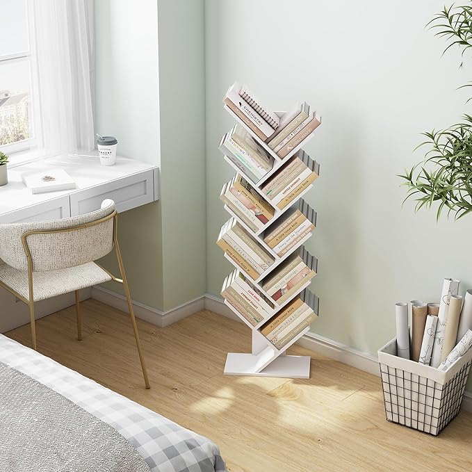 Hoctieon 10 Tier Tree Bookshelf, 10 Shelf Bookcase, Free Standing Tree Bookcase, Display Floor Standing Shelf for Books, Book Shelf Organizer, White - LeafyLoom