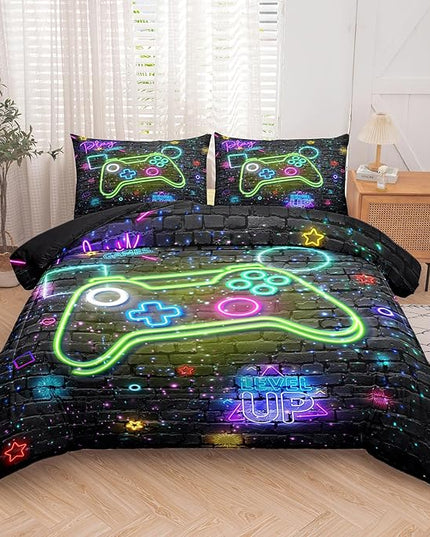 Boys Queen Size Bedding Set, Kids Bedding Sets for Boys, Gaming Comforter Sets for Boys, Teen Boys Gaming Bedding Sets, Gamer Room Decor for Boys Teens Girls (1 Comforter +2 Pillowcases) - LeafyLoom