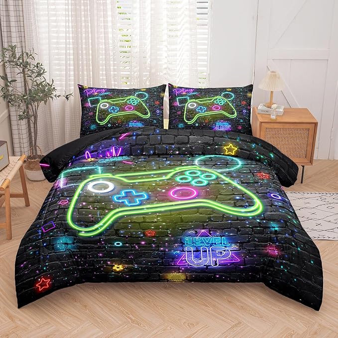 Gamer Comforter Sets for Boys, Twin Boys Bedding Set, 5 Piece Bed in a Bag Twin Boys, Teen Boy Comforter Set, Gamer Bedding Set with Flat Sheet, Fitted Sheet - LeafyLoom