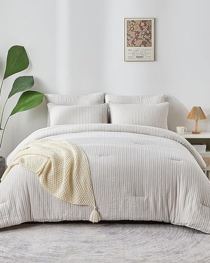 ENCOFT Light Grey Comforter Queen Size, 3 Piece White Striped Comforter for Queen Size Bed, with 2 Pillowcase, Soft Microfiber Light Weight Bedding Set with Comforter, 90" x 90" - LeafyLoom