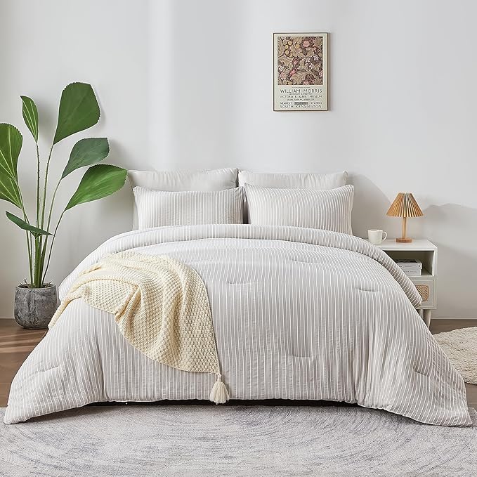 ENCOFT Light Grey Comforter Queen Size, 3 Piece White Striped Comforter for Queen Size Bed, with 2 Pillowcase, Soft Microfiber Light Weight Bedding Set with Comforter, 90" x 90" - LeafyLoom