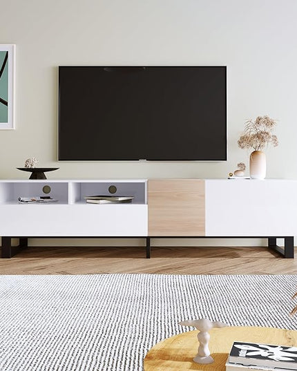Inch Modern Stand with Double Storage, Drop Down Doors, Cable Management-Media Console Table, Entertainment Center for Living Room, Bedroom, Support 80" TV, White-1 - LeafyLoom