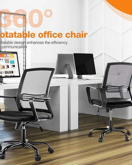 Home Office Chair, Mesh Mid High Back Ergonomic Computer Executive Task Desk with Lumbar Support, Armrest, Rocking Swivel Tilt Function, Wheels, Sponge Seat Cushions for Adult Black - LeafyLoom