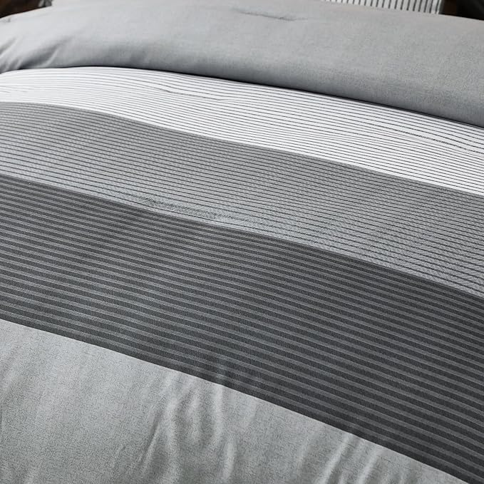 WONGS BEDDING Grey Comforter Set Queen, Reversible Grey Striped Patchwork Down Alternative Comforter for Queen Bed,3 Pieces (1 Comforter+2 Pillowcases), Boho Soft Microfiber Bedding Set 90"×90" - LeafyLoom