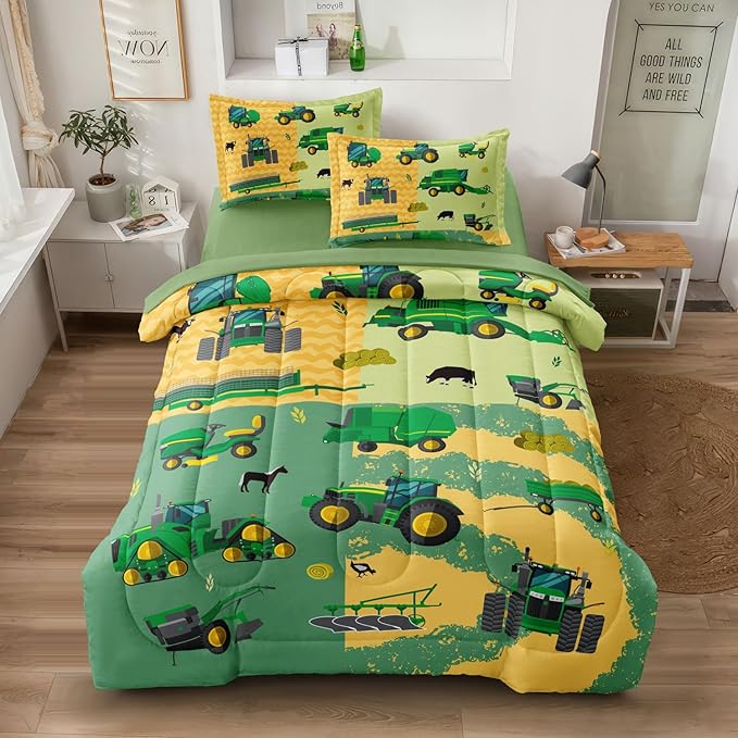 Full Construction Bedding Set for Boys Kids Farm Tractor Bedding 5 Pieces Cars Full Comforter Set for Boys, Full Truck Bed in a Bag Set Boys - LeafyLoom