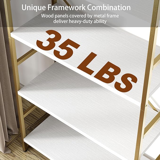 Shintenchi 5 Tiers Bookshelf, Classically Tall Bookcase Shelf, Industrial Book Rack, Modern Book Holder in Bedroom/Living Room/Home/Office, Storage Rack Shelves for Books/Movies,Gold - LeafyLoom