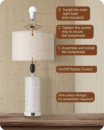 EDISHINE 21.65" Farmhouse Table Lamp Set of 2, Touch 3-Way Dimmable Vintage Nightstand Lamp with A+C USB Ports, Bedside Lamp with Night Light Base for Living Room, Bedroom - LeafyLoom