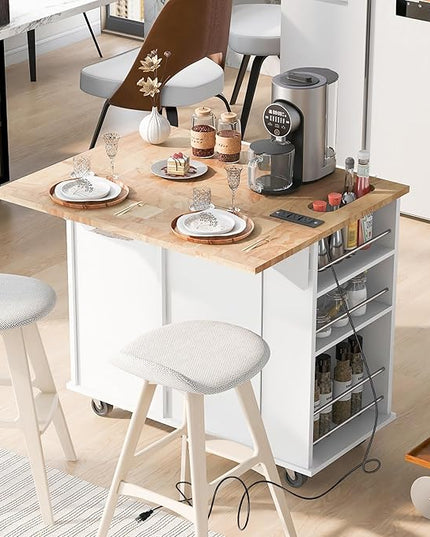 Kitchen Island Drop Leaf & Power Outlet, Mobile Cart w/Open Storage Wine Rack, Lockable Universal Wheels and Unfolded Tabletop, for Home, Dining Room, White, 39.8 Inch - LeafyLoom