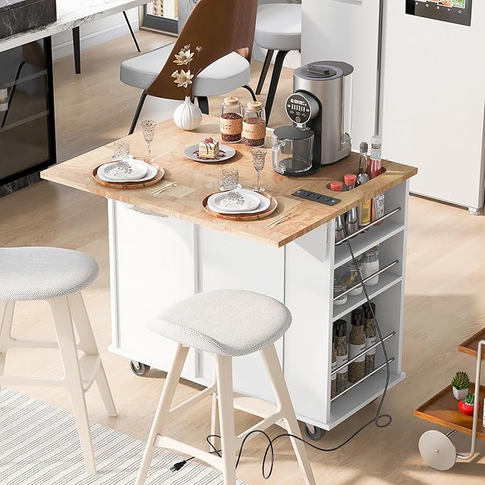 Kitchen Island Drop Leaf & Power Outlet, Mobile Cart w/Open Storage Wine Rack, Lockable Universal Wheels and Unfolded Tabletop, for Home, Dining Room, White, 39.8 Inch - LeafyLoom
